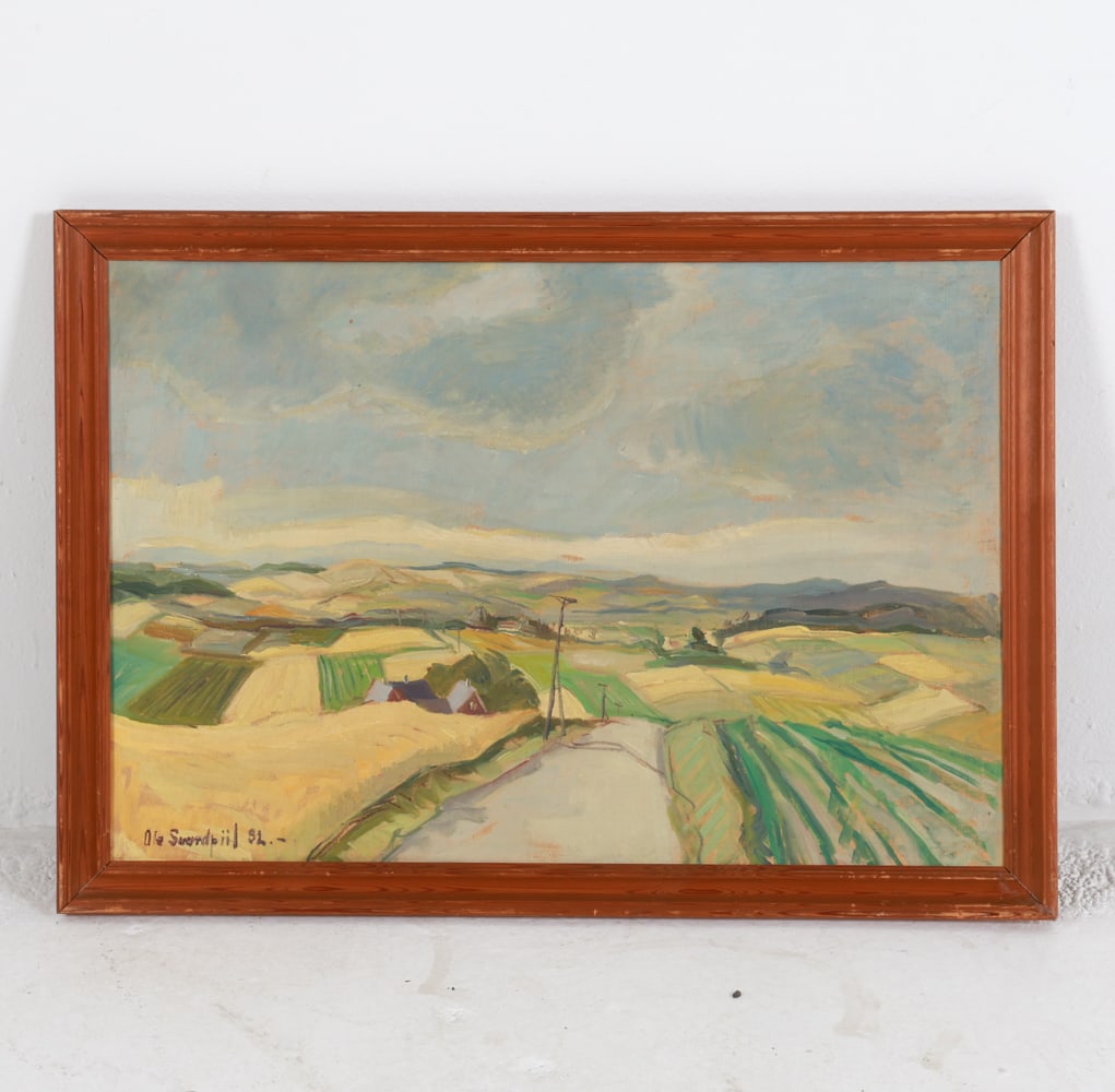 OLE SVAERDPIIL (DENMARK 1914-1980) LANDSCAPE O/C: Signed and dated by artist in lower left corner, 1952. Dimensions: Frame H 21.75" x W 30". Canvas H 19" x W 27.5". Condition: Few scuffs, rubs, dings to frame. Wear consistent with age and display.