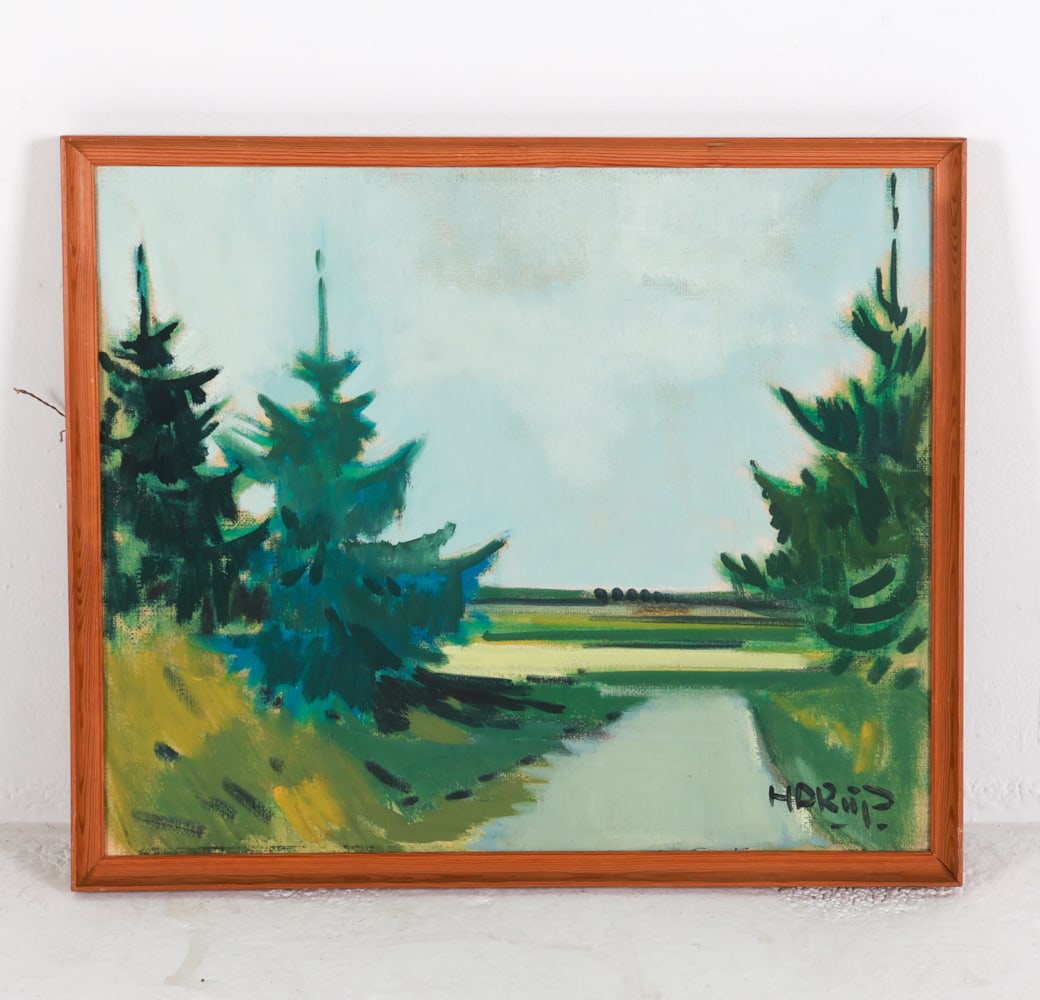 KNUD HORUP (DENMARK 1926-1973) LANDSCAPE O/C: Signed by the artist in lower right corner. Dimensions: Frame H 22" x W 25.5". Canvas H 20" x W 24". Condition: Small dings to frame. Wear consistent with age and use.