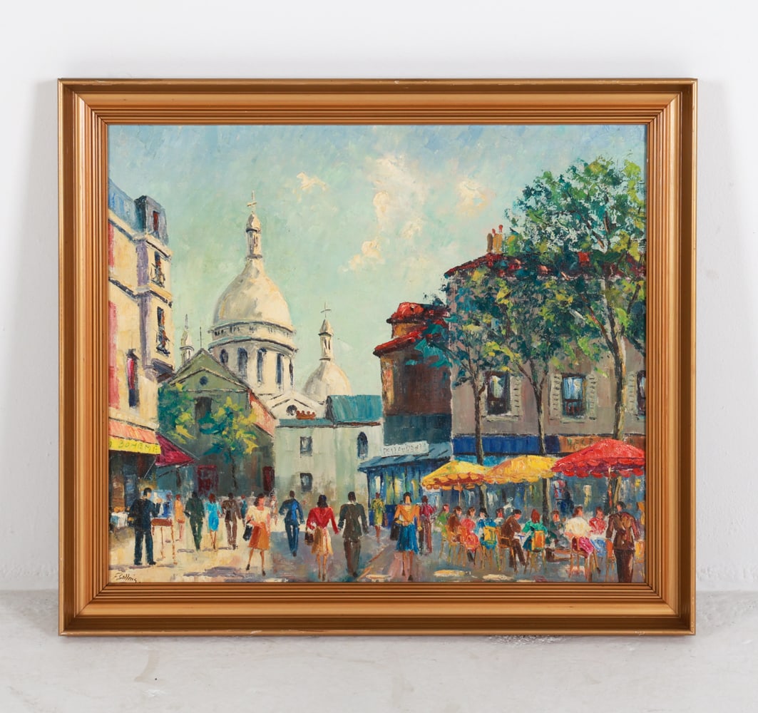FREDE SALLING (DENMARK 1910-1989) CITY SCENE O/C: Signed by the artist in lower right corner. Mid 20th century. Dimensions: Frame H 28.25" x W 31.75". Canvas H 24" x W 28". Condition: Few scuffs and dings to frame. Wear consistent with age and use.