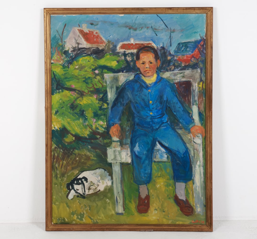 AXEL P. JENSEN (DENMARK 1885-1972) O/C PORTRAIT: Signed and dated in lower right corner, 1937. Oil on canvas. Dimensions: Frame H 57" x W 42.5". Canvas H 54.5" x W 40.5". Condition: Scattered scuffs and rubs to frame finish. Wear consistent with age