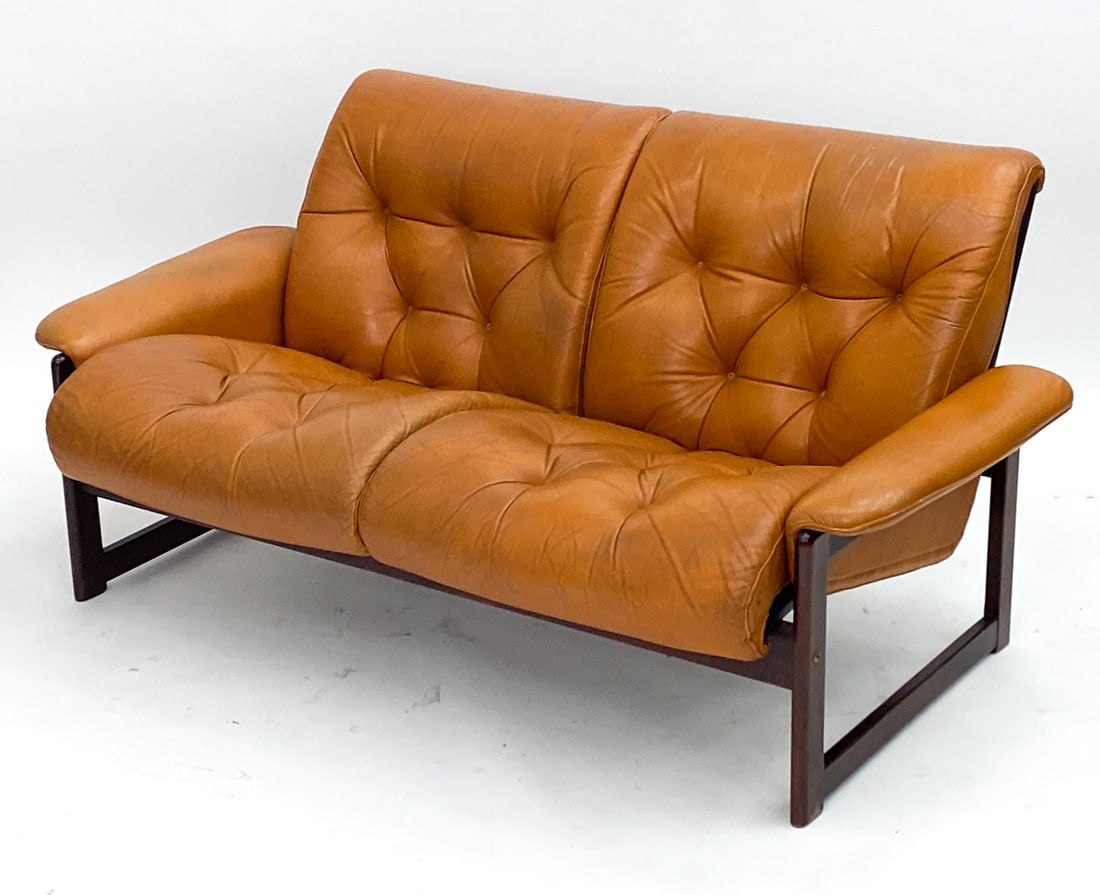 SWEDISH TUFTED LEATHER LOVESEAT SOFA C. 1970'S (1 of 9)