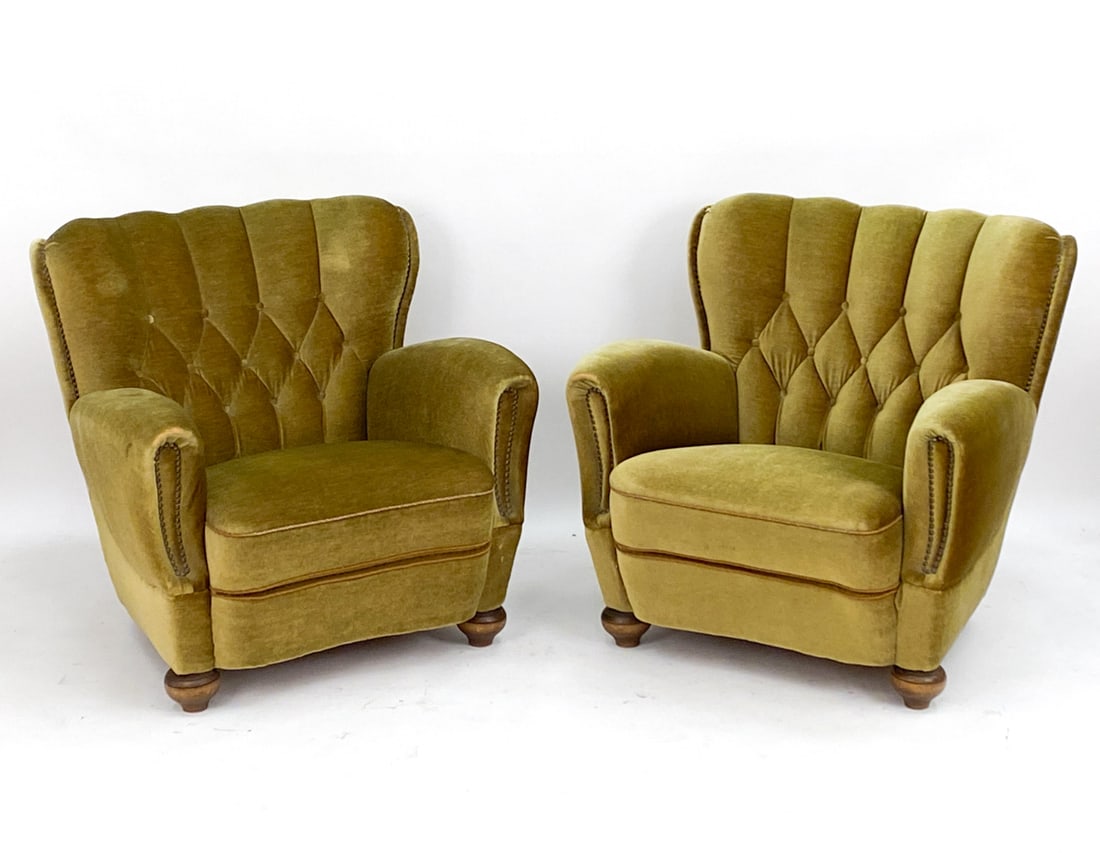 PAIR OF DUTCH MOHAIR LOUNGE CHAIRS C. 1950'S: Unmarked. Dimensions: H 33.5" x W 33" x D 37" x SH 17" Condition: Upholstery appears to be original, light fading. Scuffs and nicks to legs consistent with age and use. PK053