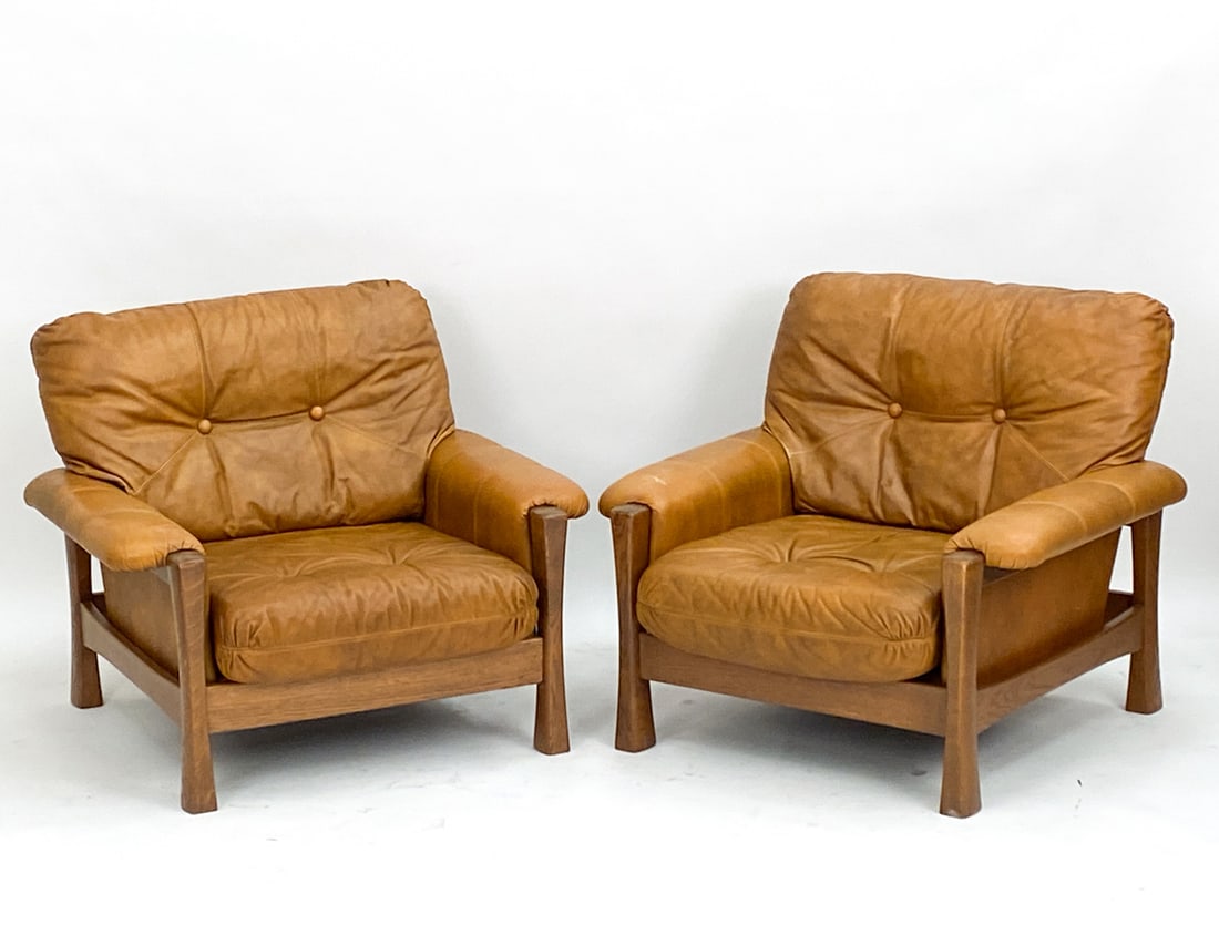 BRUTALIST OAK & LEATHER LOUNGE CHAIRS (1 of 14)