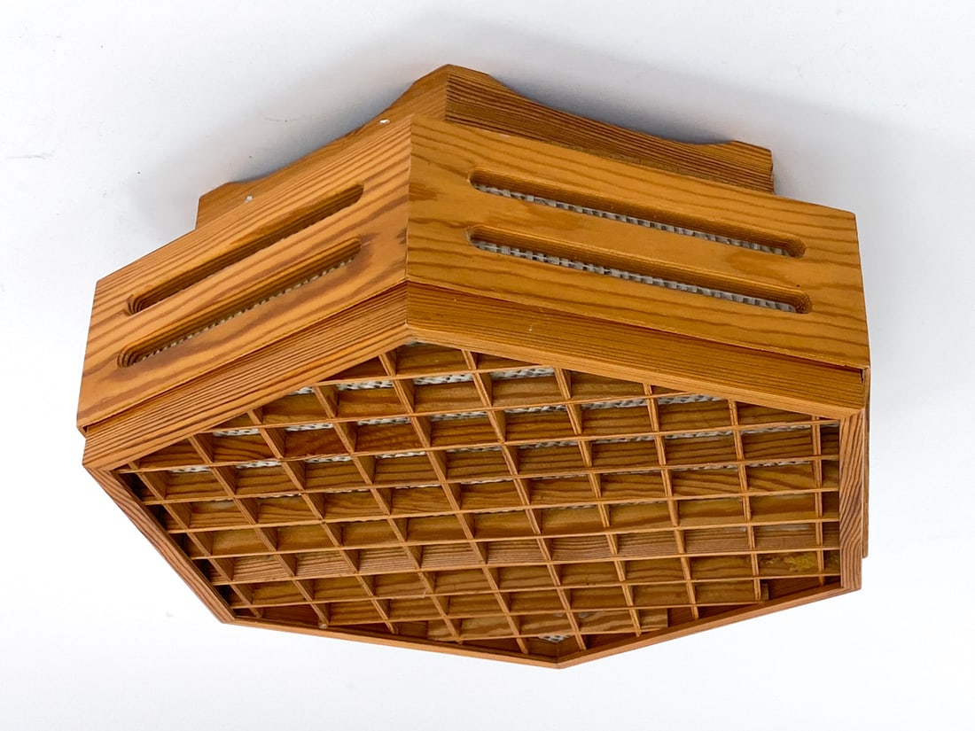 SWEDISH PINE & RAFFIA HEXAGONAL CEILING LIGHT: Circa 1970's Dimensions: H 5.5" x W 14" x D 12" Condition: Minor dings to edges of pine. Slight scuffs and marks. Slight warp to underside paneling. Untested. Wear consistent with age and use. PK066