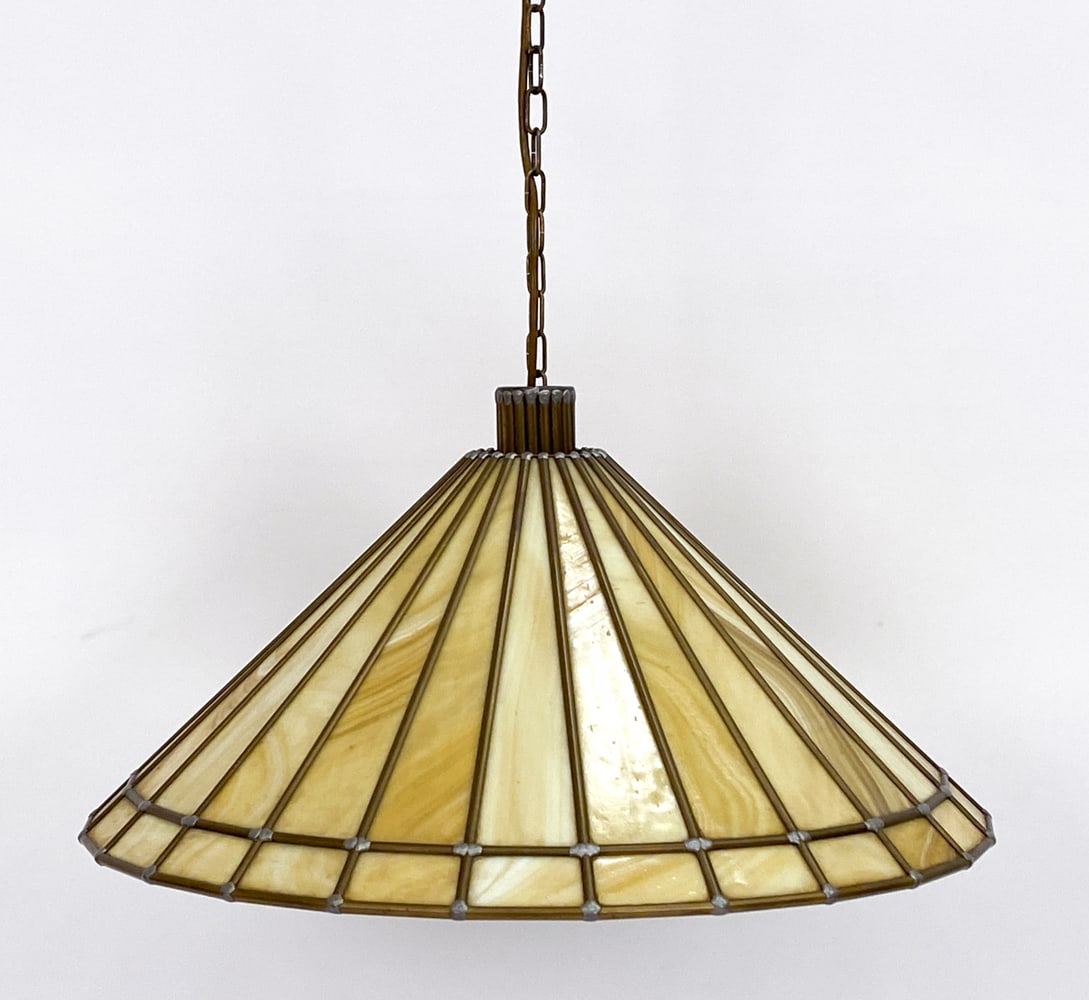 MID-CENTURY DUTCH SLAG GLASS PENDANT LIGHT: Circa 1960's. Apparently unmarked. Dimensions: (Fixture) H 9" x Dia 23.5" Condition: Untested. Light patina to metal. Light surface dirt. PK076