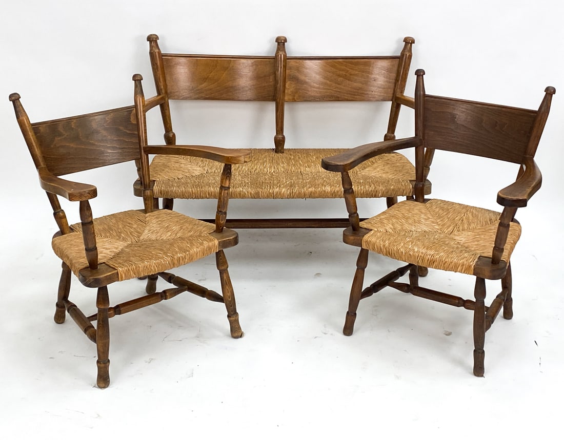(3) DUTCH OAK & RUSH SEATING SUITE C. 1960'S (1 of 18)