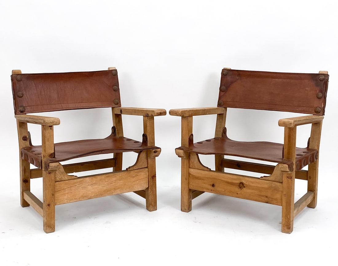 PAIR OF SPANISH BRUTALIST LEATHER & PINE CHAIRS (1 of 14)