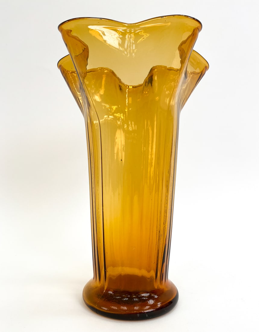 ART DECO DUTCH AMBER GLASS VASE C. 1930'S: Amber glass with flared top. Dimensions: H 12"x Dia 8" Condition: Wear consistent with age and use. Presents well overall. PK060