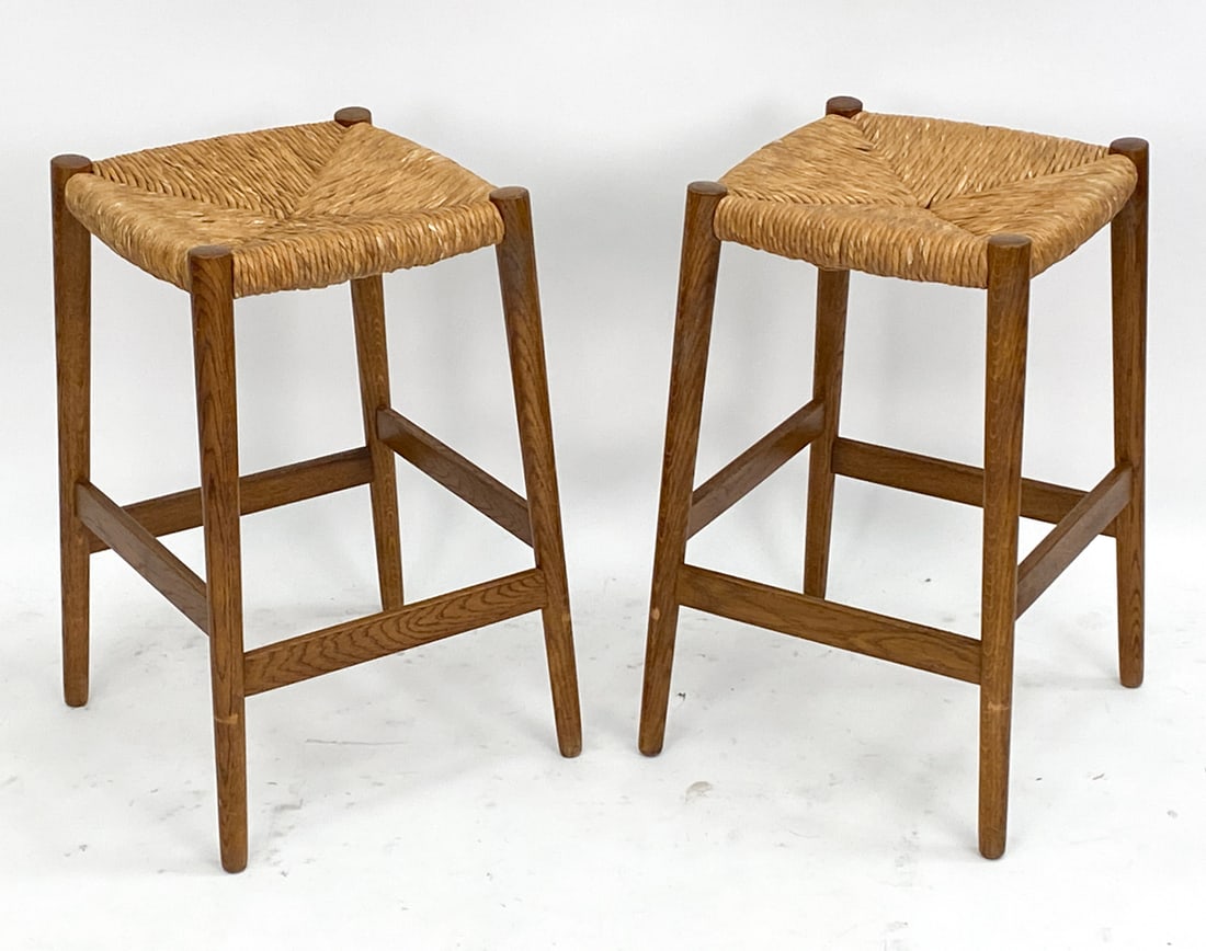 PAIR OF DUTCH OAK & RUSH STOOLS C. 1960'S (1 of 9)
