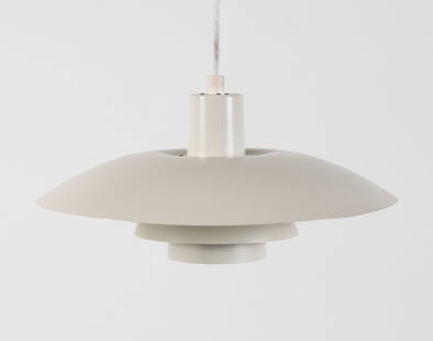 POUL HENNINGSEN PH 4/3 PENDANT LIGHT C. 1970'S: For Louis Poulsen. Steel. Denmark. Dimensions: H 7.5" x Dia. 16". Condition: Wiring untested. Few light scuffs. Wear consistent with age and use. C185
