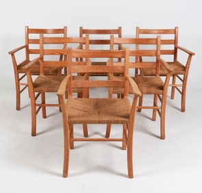 (6) FRITZ HANSEN STYLE PINE & PAPER CORD ARMCHAIRS