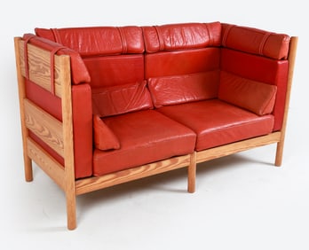 SWEDISH PINE & LEATHER SOFA C. 1970'S