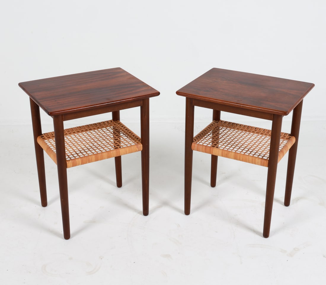 PAIR OF SEVERIN HANSEN STYLE ROSEWOOD SIDE TABLES: Danish, Circa 1970's. With lower shelf of woven rattan. Dimensions: H 18.75" x W 15" x D 12.25" Condition: Slight scuffs and rubbing to surface edges and legs. Blemishes on legs. Wear consistent with