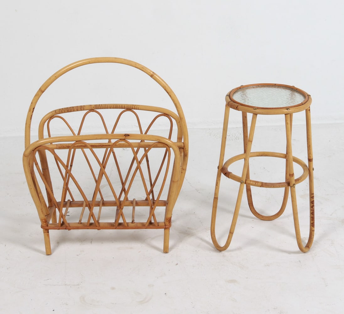 BAMBOO SIDE TABLE & MAGAZINE RACK C. 1950'S (1 of 13)