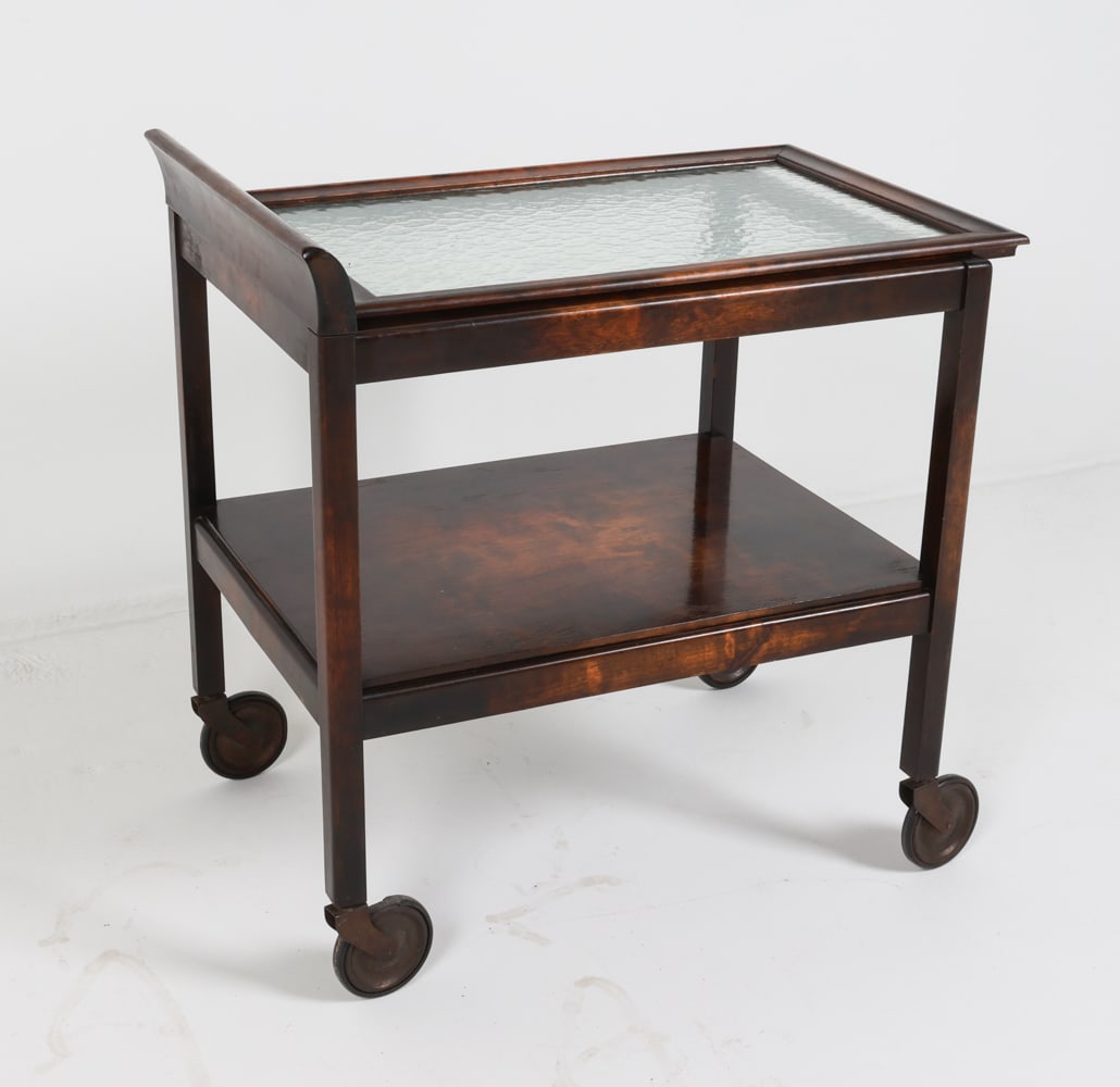 ART-DECO DANISH BIRCH BAR CART C. 1940'S: Textured glass tray top. Tray is removable. Dimensions: H 25.5" x W 28" x D 18.25". Condition: Few scuffs and dings, some areas of fading. Wear consistent with age and use. C217