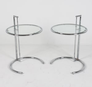 PAIR OF EILEEN GRAY STEEL & GLASS TABLES C. 1980'S