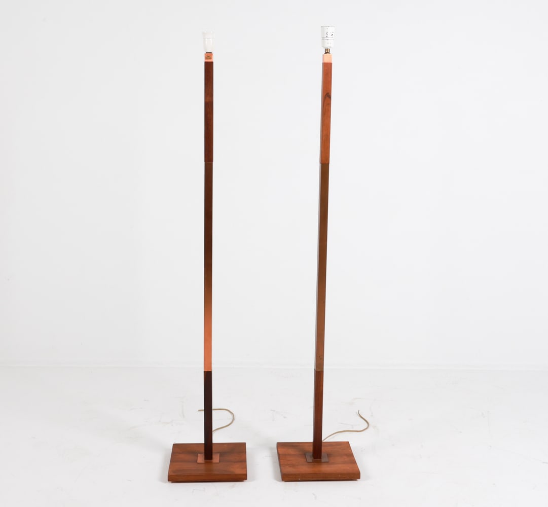 PAIR OF JO HAMMERBORG DANISH ROSEWOOD FLOOR LAMPS: For Fog & Morup. With copper accents. Circa 1960's. Dimensions: H 54.5" x W 9.75" x D 9.75". Condition: Wiring untested, cords cut. Wear consistent with age and use. C137
