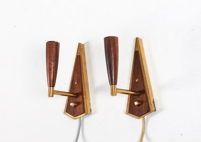 MID-CENTURY DANISH TEAK & BRASS SCONCES C. 1960