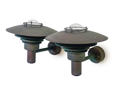 ATTR. POULSEN MID-CENTURY COPPER WALL SCONCES: In the manner of Louis Poulsen. Dimensions: H 10" x W 14"x D 15" Condition: Moderate tarnishing to copper. Surface soiling. Nicks and marks. Untested. Wear consistent with age and use.