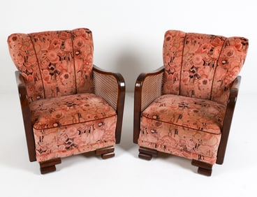 PAIR OF BEECH & CANE ART DECO LOUNGE CHAIRS