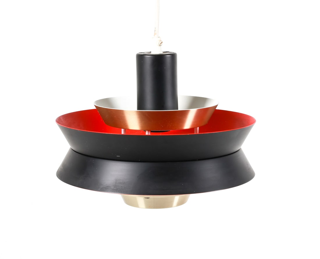 CARL THORE STYLE DANISH PENDANT LIGHT C. 1960'S: Dimensions: H 8.5" x Dia. 10.75". Condition: Wiring untested. Some specks of paint. Wear consistent with age and use.