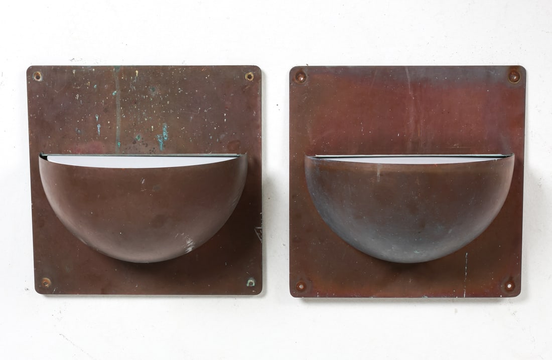 PAIR OF DANISH PATINATED COPPER SCONCES C. 1960'S: Dimensions: H 11.5" x W 11.5" x D 6" Condition: Moderate blemishes, marks and scratches to copper dome and paneling. Untested. Wear consistent with age and use.