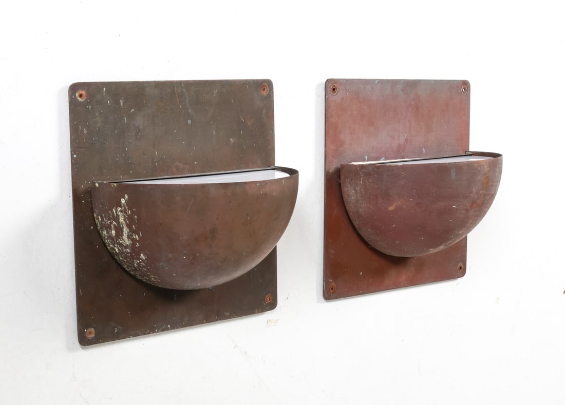 PAIR OF DANISH PATINATED COPPER SCONCES C. 1960'S: Dimensions: H 11.75" x W 12" x D 5.5". Condition: Some spots of discoloration, fading. Wear consistent with age and outdoor use.
