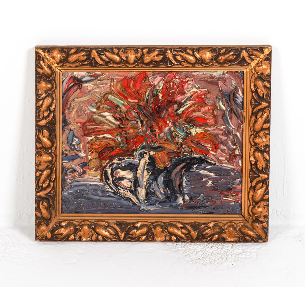 ABSTRACT EXPRESSIONST STILL LIFE: Apparently unsigned. Layered streaks of paint. Frame: H 15.25" x W 17.75" Art: H 12" x W 14.25" Condition: Slight nicks on edges and previous repair to frame corners. Surface soiling to painting. Wear
