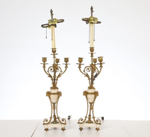 LOUIS XVI STYILE GILT ORMOLU & MARBLE URN LAMPS
