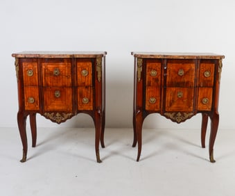 PAIR OF LOUIS XVI STYLE MARBLE TOP PETITE COMMODES