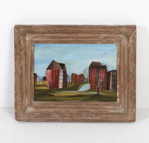 MID-CENTURY LANDSCAPE VILLAGE PAINTING O/B