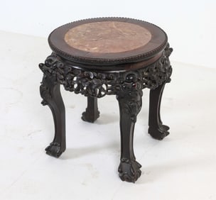 CHINESE CARVED WOOD & MARBLE STAND