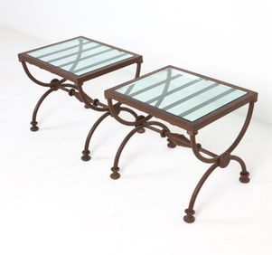 PAIR OF IRON & GLASS SIDE TABLES