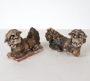 PAIR OF CHINESE TERRACOTTA FOO LION ROOF TILES