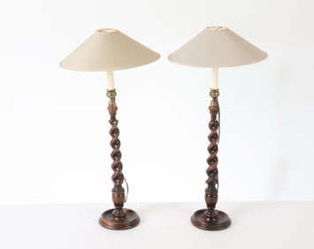 PAIR OF ENGLISH WALNUT BARLEY TWIST LAMPS