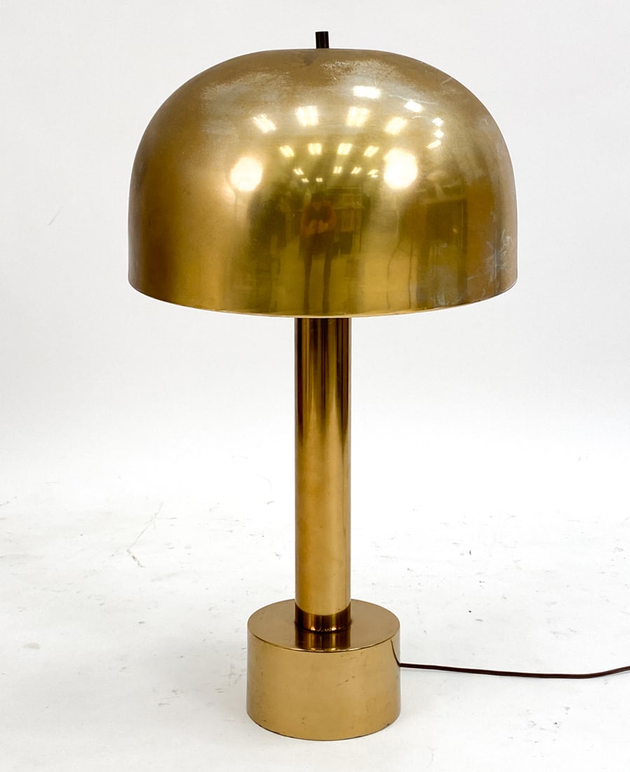 ATTR. ROBERT SONNEMAN FOR LAUREL MUSHROOM LAMP: Mushroom form table lamp. Unmarked. Dimensions: (To finial) H 29" x Dia 16.5" Condition: Scattered marks and rubs to bronze finish. Untested.