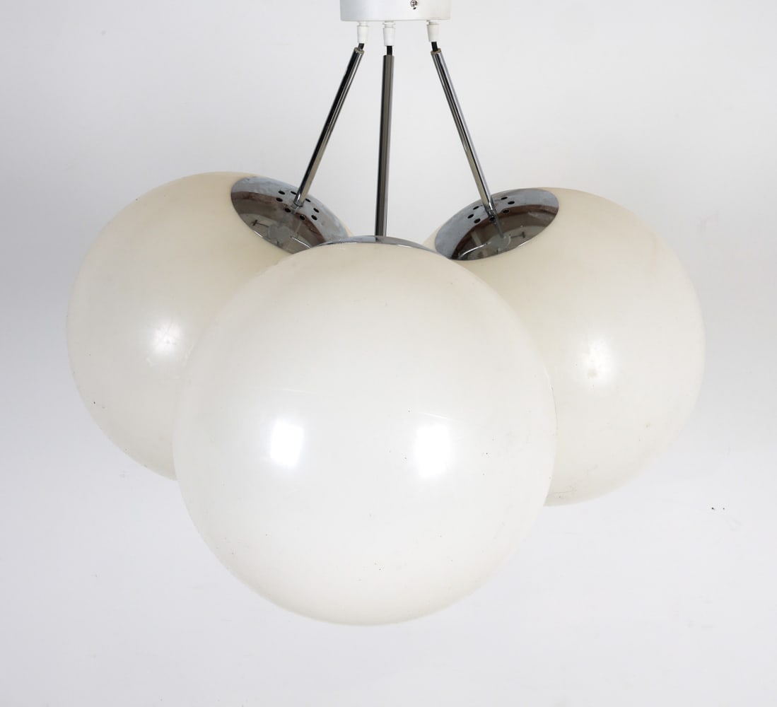 CONTEMPORARY TRIPLE-GLOBE CHANDELIER: Dimensions: Overall H 23.5" x Dia. 30". Condition: Scuffs and surface scratches to plastic shades. Wear consistent with age and use.