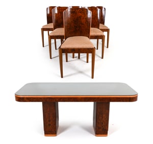 ART DECO BURL MAPLE DINING TABLE & CHAIRS