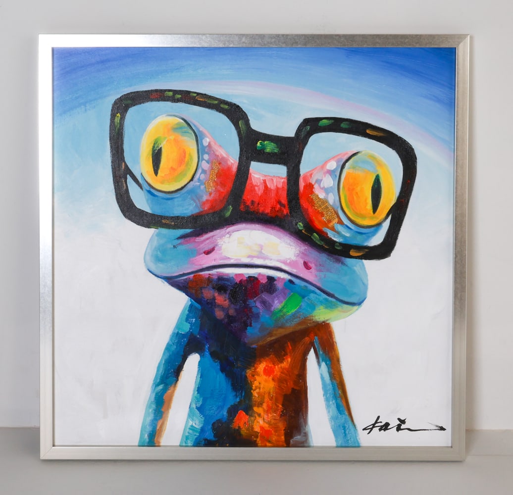 CHAMELEON W/ GLASSES O/C PAINTING: Signed indistinctly by artist in lower right corner. Newsprint segments within paint. Contemporary. Dimensions: Frame H 33.5" x W 33.25". Sight H 31.25" x W 31.25". Condition: Back is covered, not exa