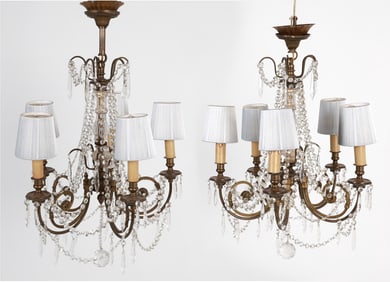 PAIR NEOCLASSICAL BRASS & DROP CRYSTAL CHANDELIERS