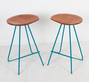 PAIR OF TEAK & IRON PERCH BAR STOOLS
