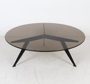 MID-CENTURY GLASS & IRON COFFEE TABLE