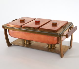 MID-CENTURY BRASS & COPPER TRIPLE CHAFING DISH