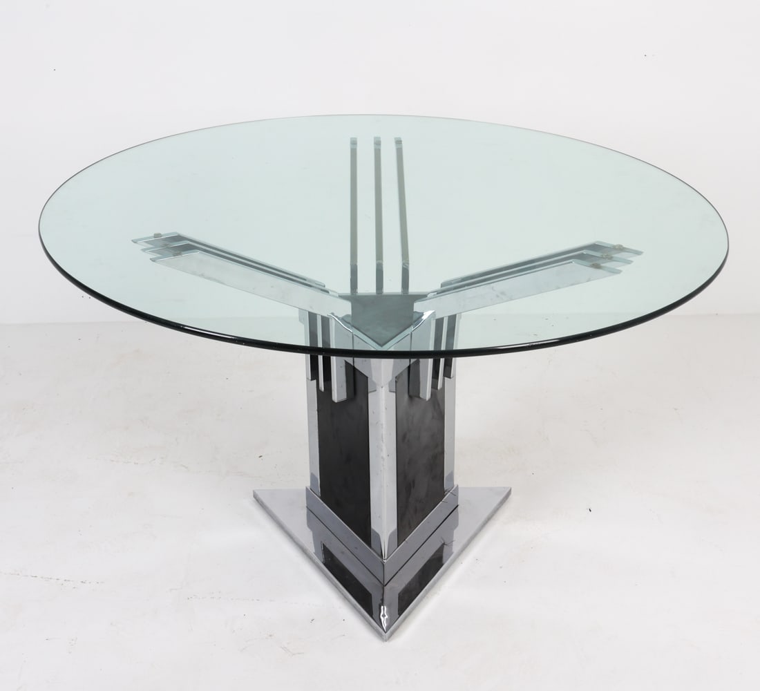 GEOMETRIC CHROME & GLASS DINING TABLE C. 1970'S (1 of 10)