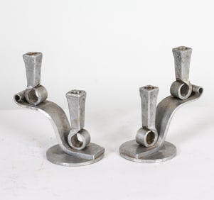 PAIR OF HAMMERED ALUMINUM CANDLE HOLDERS