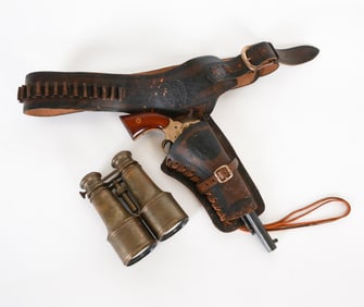 BLACK POWDER PISTOL & ANTIQUE BRASS BINOCULARS