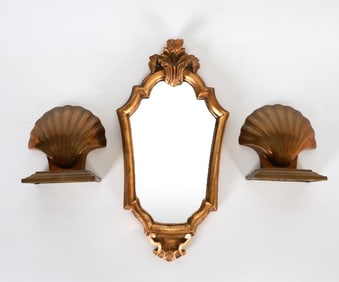 GILT MIRROR & BRASS SHELL BOOK ENDS