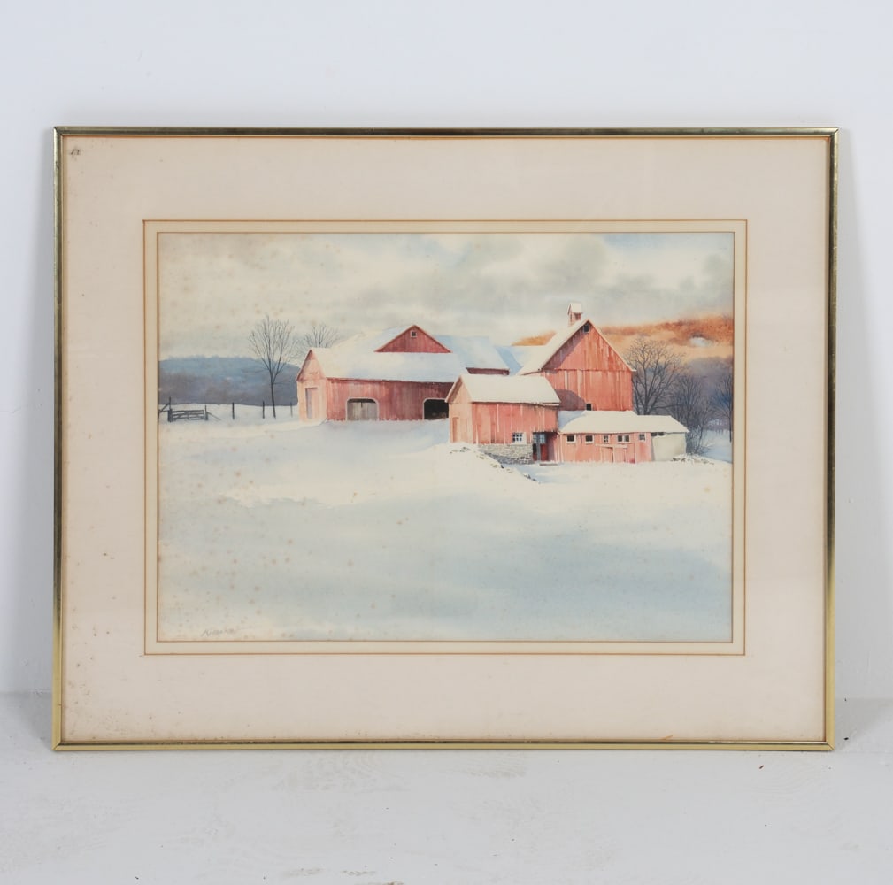 STANLEY KIJANKA (20TH C.) THE MILL WATERCOLOR: Signed in lower right corner, signed and titled on back. Dimensions: Frame H 24.5" x W 30.5". Sight H 16" x W 22.25". Condition: Spots of foxing to work and mating. Not examined out of frame. Wear con