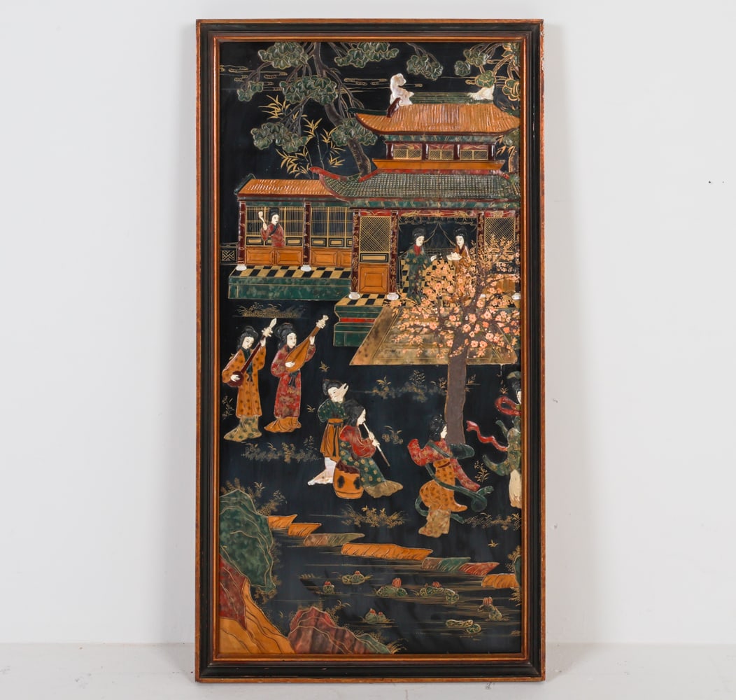 ASIAN ENAMEL & STONE INLAID PANEL: Fragment of larger screen. 20th century. Dimensions: Frame H 41" x W 21.35". Condition: Few chips to frame. Some previous repairs to right side of work. Wear consistent with age and use.