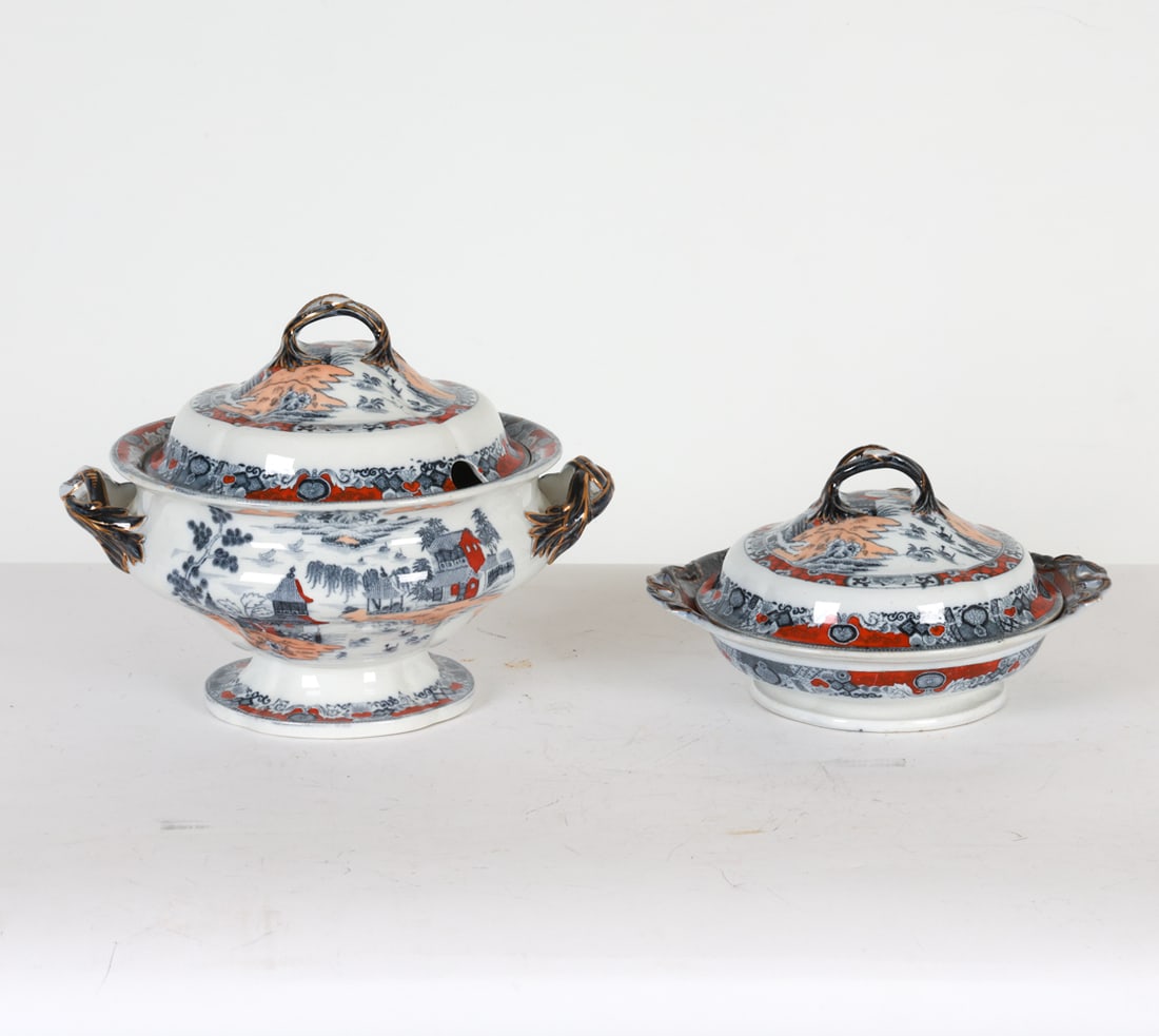 PAIR 19TH C. HICKS & MEIGH IRONSTONE TUREENS: Marked underneath. Gilt decoration. Dimensions: Largest H 11" x Dia. 13". Condition: Few small nicks and rubs mostly along edges.